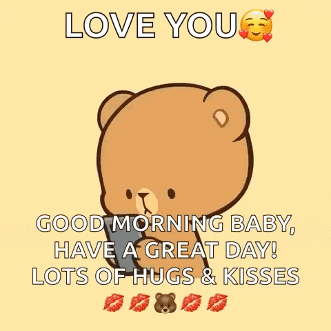 a teddy bear with pink hair is holding a cell phone and says " love you good morning baby "