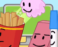 a group of cartoon characters are standing next to each other including a box of french fries and an eraser