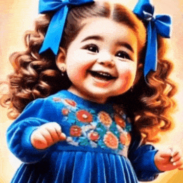 a little girl with curly hair and a blue bow in her hair is wearing a blue dress .