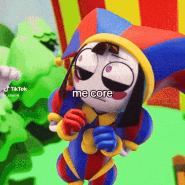 a cartoon character is wearing a jester hat and says " me core "