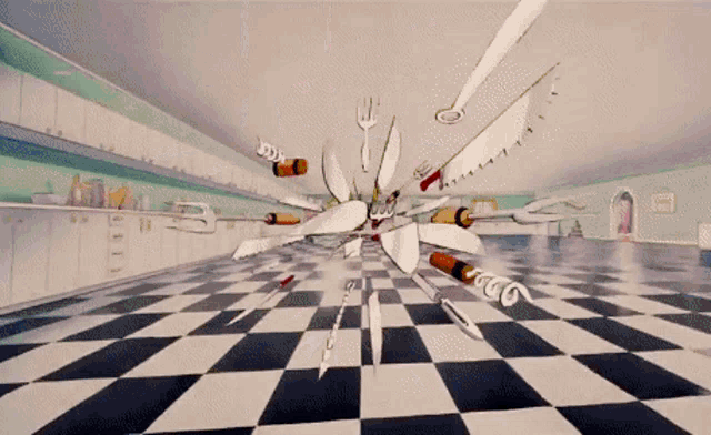 a cartoon drawing of a kitchen with a checkered floor and utensils flying through the air