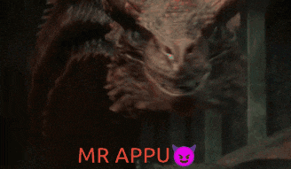 a close up of a dragon with the words mr appu behind it
