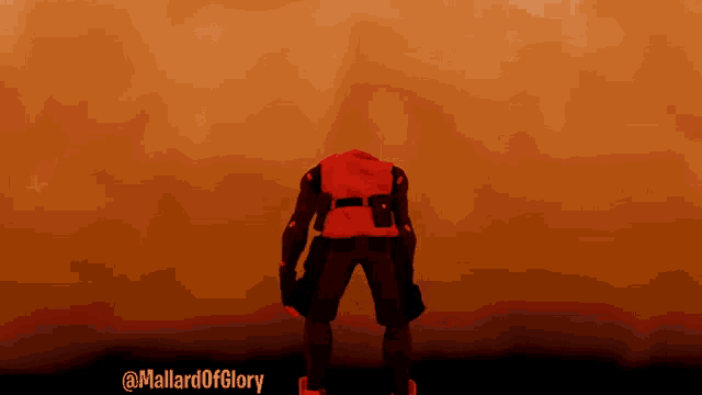 a man in a red jacket is standing in front of a wall with the words @mallardoffglory written on the bottom