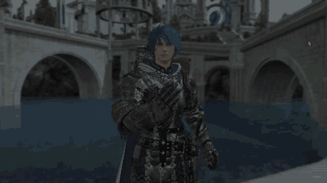 a man with blue hair and armor stands in front of a body of water