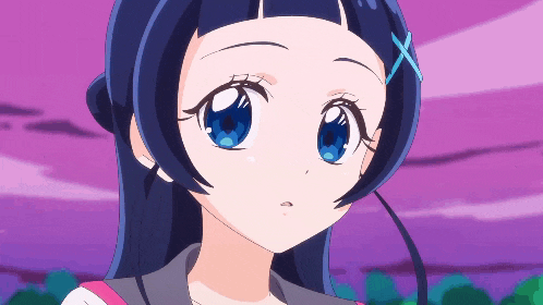 a close up of a girl with blue eyes and a purple background
