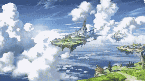 a painting of floating islands in the sky with a small house in the foreground