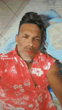 a man wearing a red hawaiian shirt and a choker is standing in front of a wall .
