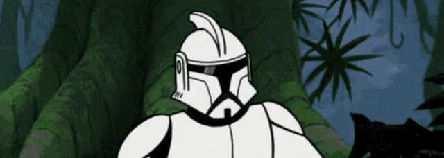 a black and white drawing of a clone trooper in the jungle