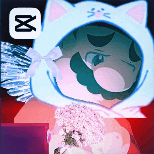 a cartoon drawing of a cat with a bouquet of flowers in front of it