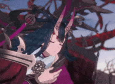 a woman with horns is holding a sword in her hands