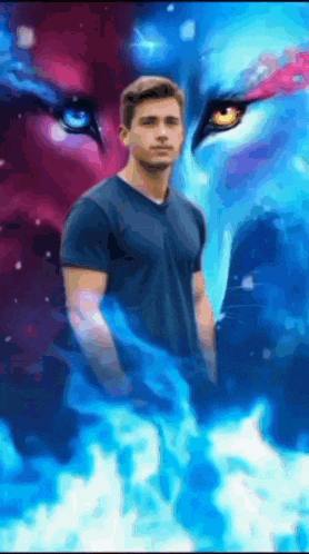 a man in a blue shirt is standing in front of a painting of a wolf 's face