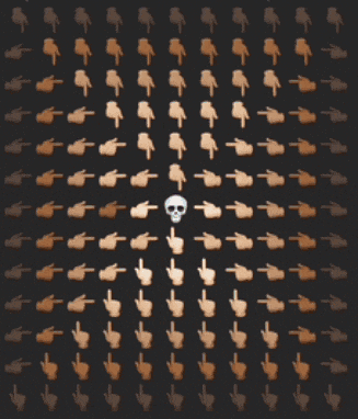 a skull is in the middle of a pattern of fingers pointing to it