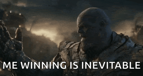 thanos from avengers endgame says `` me winning is inevitable '' in a movie scene .