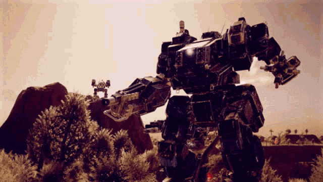 a large robot is standing in a field with trees and rocks in the background