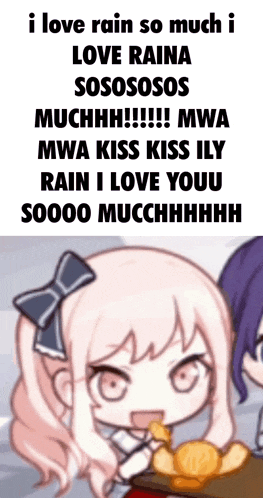 a picture of a girl with the words i love rain so much i love raina sososos muchhhh !!!