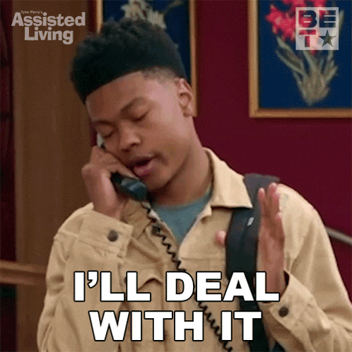 a man talking on a phone with the words i 'll deal with it