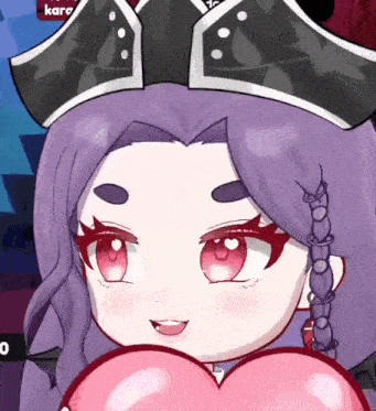 a close up of a cartoon character with purple hair holding a heart