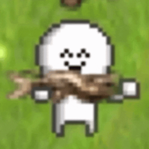 a pixel art character is holding a piece of wood in his hands .