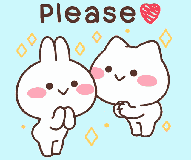 a cat and a rabbit are standing next to each other and the word please is on the blue background