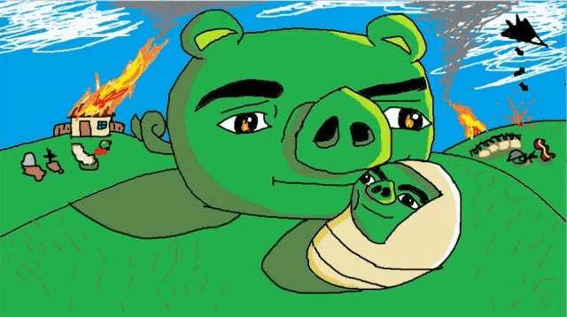 a drawing of an angry bird holding a baby