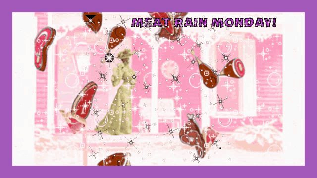 a pink and purple graphic with meat rain monday written on it