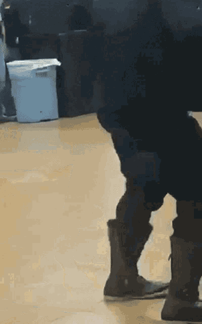 a blurry picture of a person standing on a wooden floor