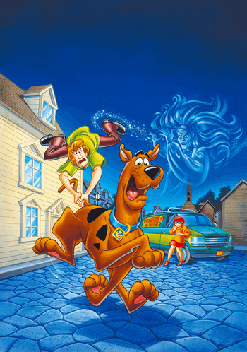 scooby doo and shaggy are running from a ghost in a painting
