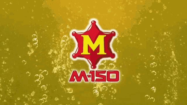 a yellow background with bubbles and a red m150 logo