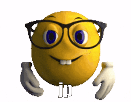 a cartoon smiley face with glasses and the word jp on it