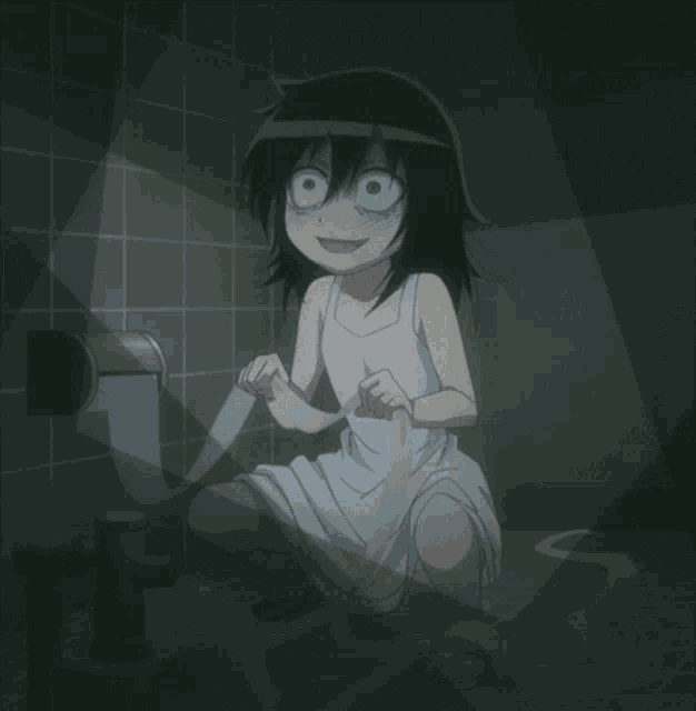 a girl in a white dress is sitting on a toilet