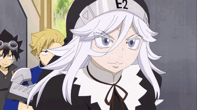 a girl with white hair is wearing a hat that says e2