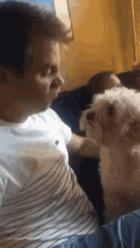 a man is sitting on a couch with a small white dog looking at him