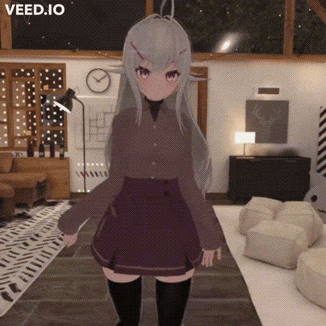 a girl in a purple skirt is standing in a living room with the word veed.io on the bottom right