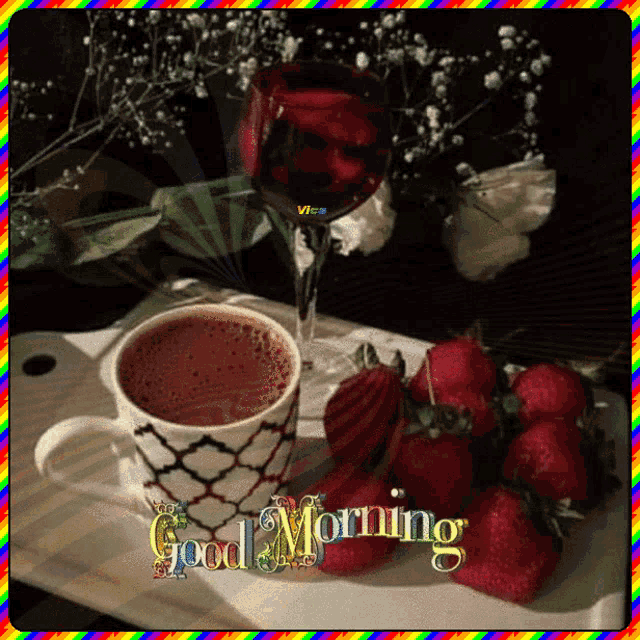 a picture of strawberries and a cup of coffee with the words " good morning "