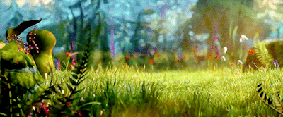 a painting of a field of grass with flowers and trees in the background