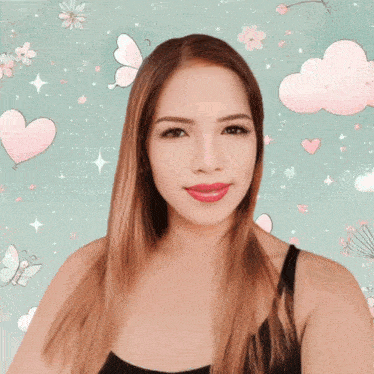 a woman in a black tank top stands in front of a blue background with pink butterflies and hearts