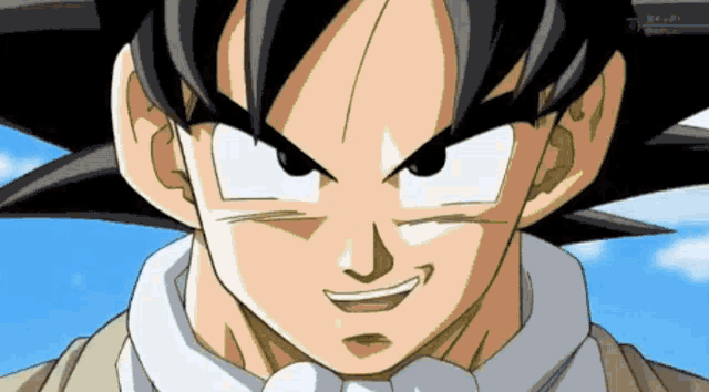 a close up of a cartoon character 's face with a blue sky behind it