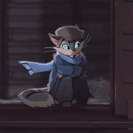 a cartoon cat wearing a scarf and a hat is sitting on a window sill