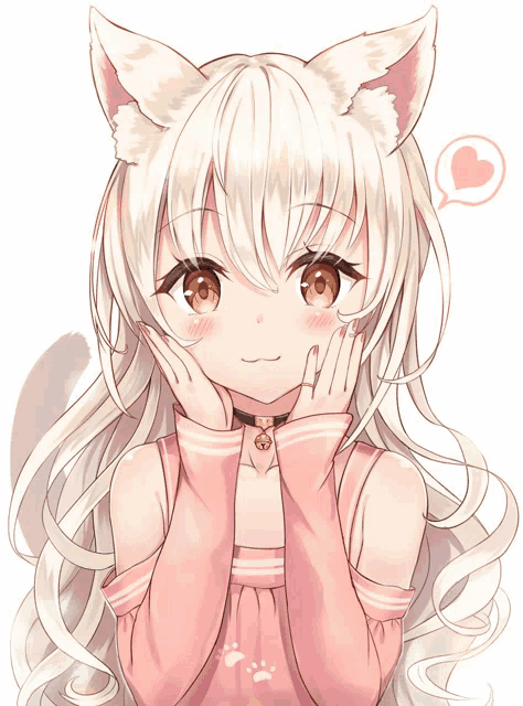 a girl with white hair and cat ears is wearing a pink shirt