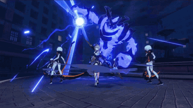 a group of anime characters are fighting a monster in a dark room