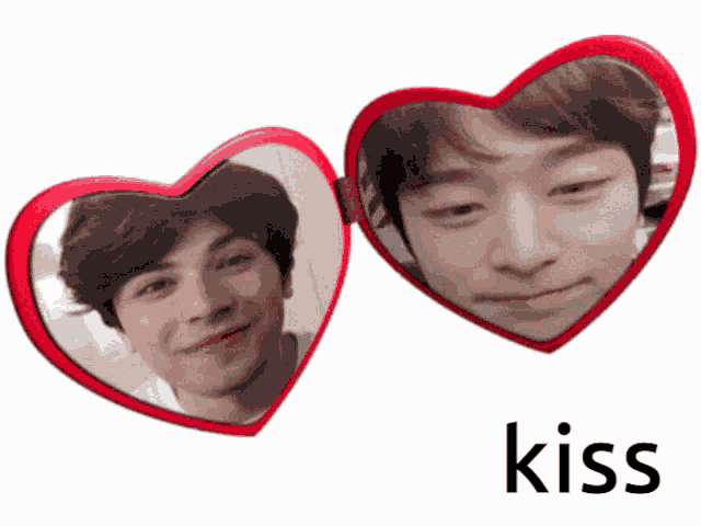a heart shaped mirror with a man 's face in it and the word kiss below it