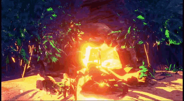 a computer generated image of a cave with a large fire in the middle