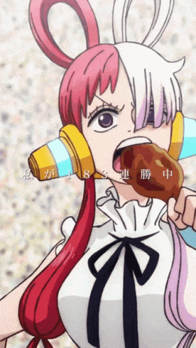 a cartoon girl with red and white hair is eating a chicken
