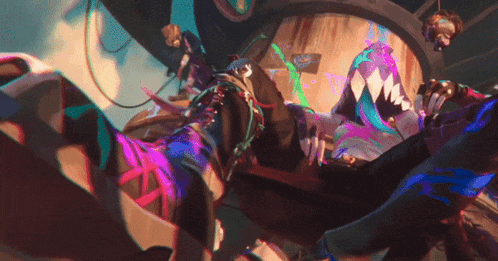 a colorful painting of a person with a shark 's mouth
