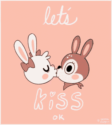 a cartoon of two rabbits kissing with the words let 's kiss ok