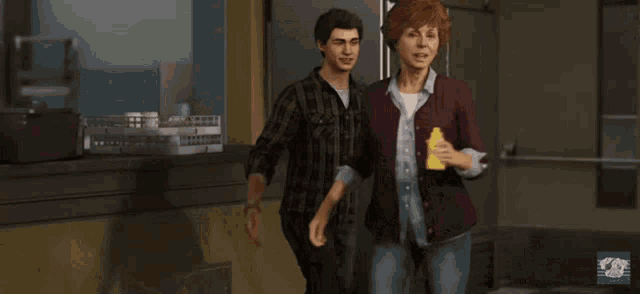 a woman with red hair is looking at a man with his eyes closed in a video game