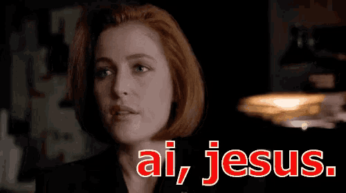 a woman with red hair says ai jesus in red