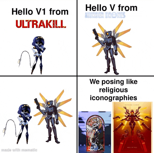 a meme that says hello v1 from ultrakill we posing like religious iconographies made with mematic