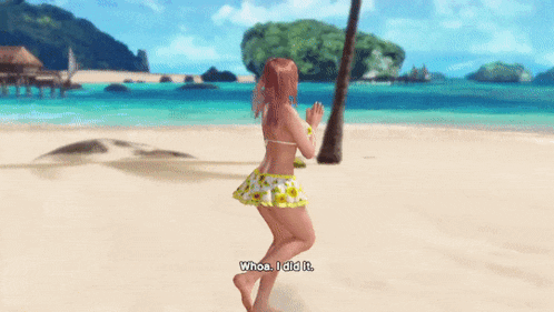 a woman in a bikini is dancing on a beach and saying whoa i did it