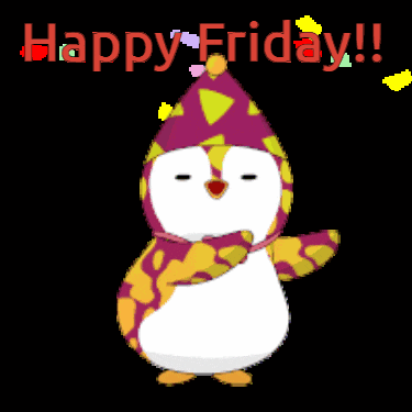 a penguin wearing a clown hat and scarf with the words happy friday written above it